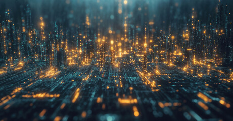 Obraz premium Futuristic cityscape with glowing lines and grids on abstract technology background. High quality photo