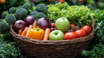 Fototapeta premium A wicker basket with vegetables and fruits on the background of the garden symbolizes a healthy diet