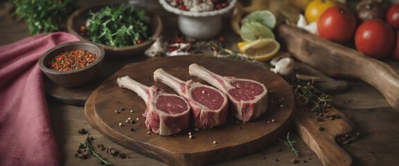 Rustic table setting with raw lamb chops, fresh produce, and col