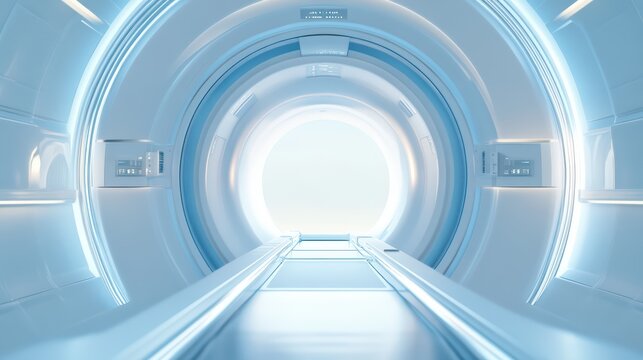 A futuristic medical imaging tunnel with bright lighting, emphasizing advanced technology and clean design.