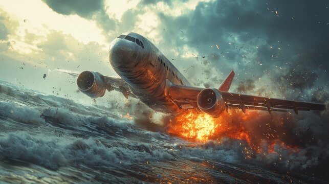 A realistic, high-resolution image of an airplane in a nosedive towards a beach, with the shoreline and waves visible below. The airplane is clearly in distress, with smoke and fire trailing from its