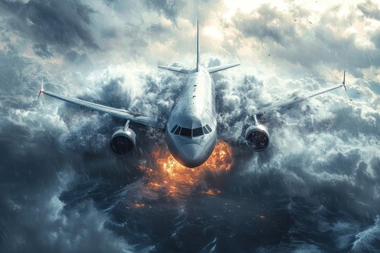 A highly realistic, high-resolution image depicting a large commercial airplane in the midst of a nosedive towards the ocean, surrounded by thick clouds and turbulent weather. The plane is clearly in
