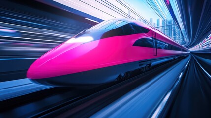 A high-speed train in motion, showcasing modern technology and vibrant colors against a blurred city background.