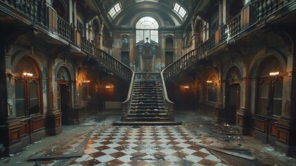 An abandoned grand staircase in a dilapidated mansion, with broken tiles and scattered debris, illuminated by faint light from large windows, Ideal for themes of mystery, decay, history