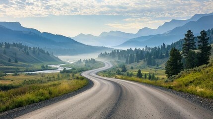 Naklejka premium A stunning highway landscape at sunset, capturing the endless road stretching into the horizon, surrounded by rolling hills and vibrant skies.