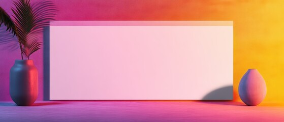 A modern display showcasing a blank frame with colorful background and decorative vases, perfect for art presentations.