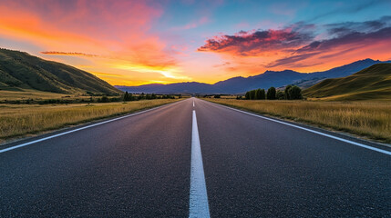 Fototapeta premium A stunning highway landscape at sunset, capturing the endless road stretching into the horizon, surrounded by rolling hills and vibrant skies.