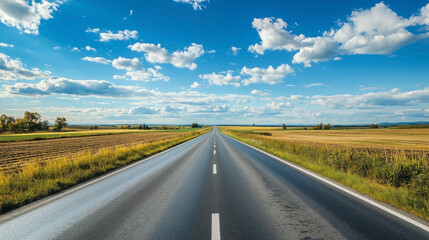 Naklejka premium A stunning highway landscape at sunset, capturing the endless road stretching into the horizon, surrounded by rolling hills and vibrant skies.