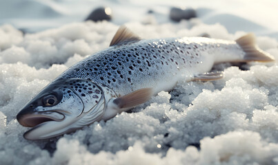 Close-up of a fresh trout on a bed of ice.