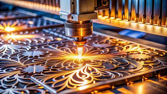 A high-precision laser cutting machine emits a concentrated beam of light to accurately cut and engrave intricate designs onto a metal sheet.