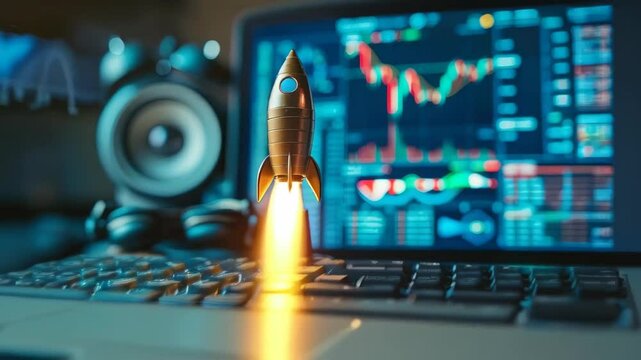 video of  copper rocket stands before a computer screen displaying a rising price chart, symbolizing growth and success in the market