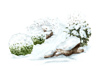 Alley in the winter garden.  Hand drawn watercolor illustration isolated on white background