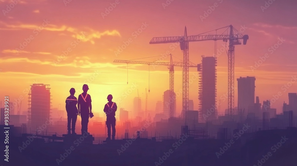 Poster engineer workers on background of construction cranes on background.