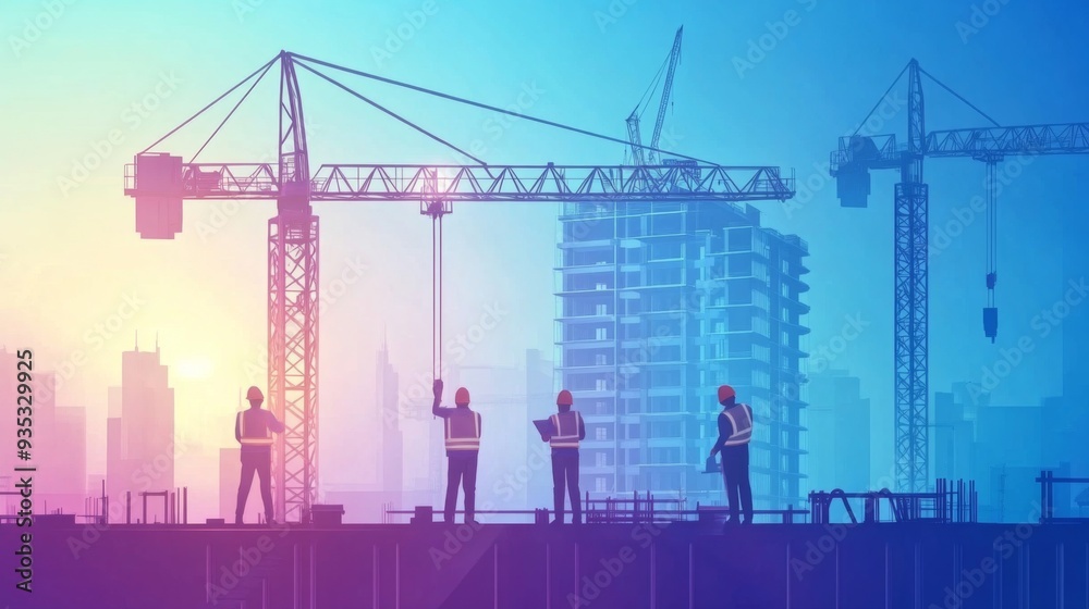 Poster engineer workers on background of construction cranes on background.