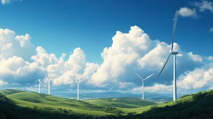 A serene landscape featuring wind turbines, green hills, and a bright blue sky with fluffy clouds, symbolizing renewable energy.
