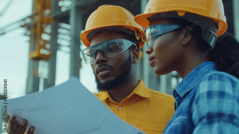 Poster Group of architects and engineers at a building site , Team of expert architects on construction site in helmets checking workflow