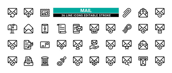 36 Mail Line Icons Set Pack Editable Stroke Vector Illustration.