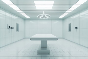 A sterile and modern medical room featuring an examination table, bright lighting, and clean white surfaces, ideal for healthcare themes.