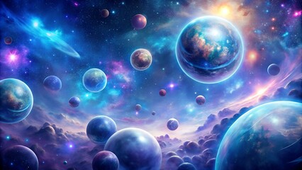 Fototapeta premium Cosmic Dance: A mesmerizing abstract depiction of the universe, with vibrant spheres and swirling nebulae, evoking a sense of awe and wonder. 