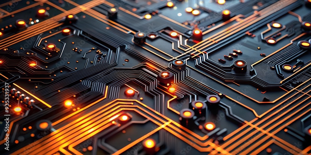 Poster circuitry symphony: a close-up shot of a complex circuit board, its intricate copper tracks and glow