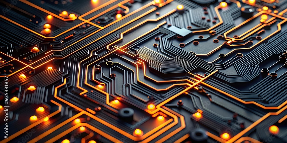 Poster circuitry symphony: a close-up shot of a complex circuit board, its intricate copper tracks and glow