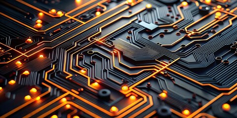 Fototapeta premium Circuitry Symphony: A close-up shot of a complex circuit board, its intricate copper tracks and glowing LEDs create a mesmerizing pattern, symbolizing the interconnectedness of technology and the flow
