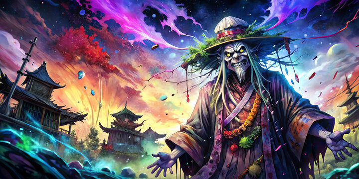paint splatter anime art, the boogie man , baba yaga
