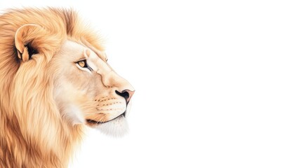 Obraz premium A stunning side profile of a majestic lion against a clean white background, showcasing its regal features and flowing mane.