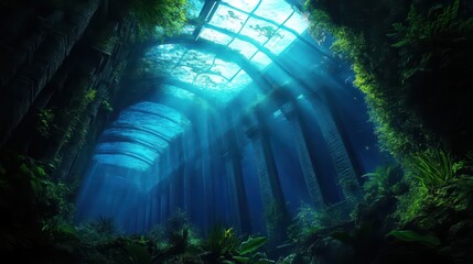 A stunning underwater scene with sunlight filtering through ruins, showcasing vibrant marine life and lush underwater plants.