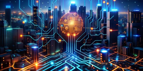 Obraz premium Cyberpunk Metropolis: A futuristic cityscape pulses with energy as a towering skyscraper, transformed into a colossal circuit board, illuminates the night with digital brilliance. 