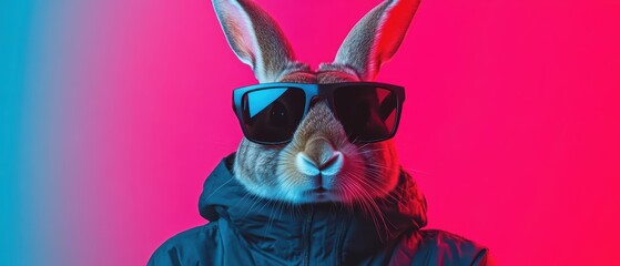Naklejka premium A stylish rabbit wearing sunglasses and a jacket, illuminated by vibrant blue and pink lights, conveying a sense of cool confidence.