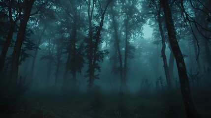 Eerie Dark Forest with Ghostly Apparitions and Mist Detailed Trees Ominous Atmosphere