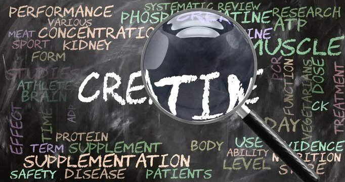 Creatine being studied, examined - under close inspection. Most important subjects and ideas closely related to creatine written on a blackboard inspected by a magnifying glass.