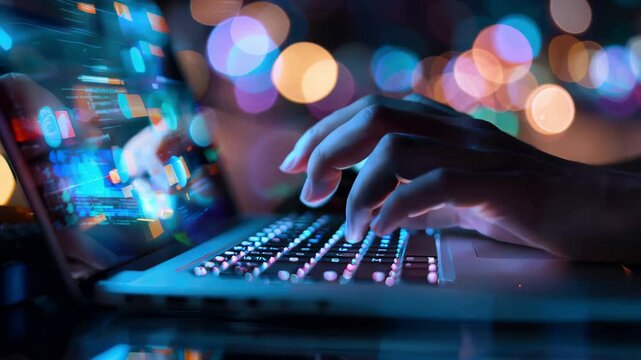 A focused hand typing on a laptop, surrounded by colorful bokeh lights, representing technology and modern work environments.