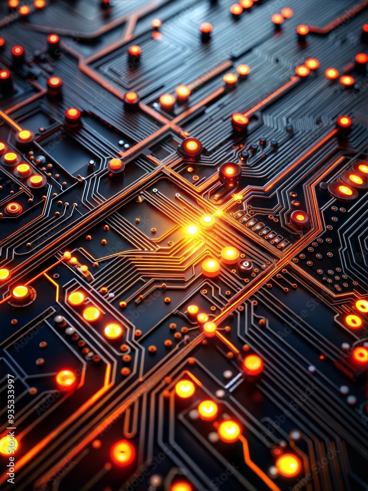 Poster Glowing Circuitry:  A mesmerizing abstract image of a central processor unit surrounded by glowing orange lights, set against a backdrop of intricate grey circuit board patterns. 