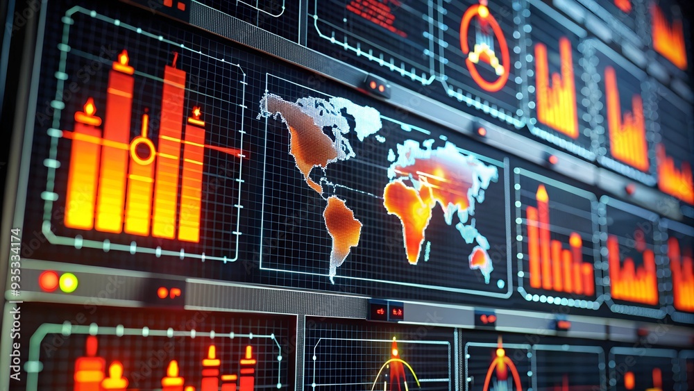 Poster cybernetic data wall: a mesmerizing wall of monitors displaying intricate data graphs and cryptocurr