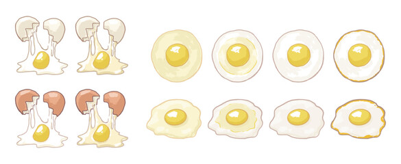 Fototapeta premium Illustration of eggs with different degrees of cookedness and poached eggs