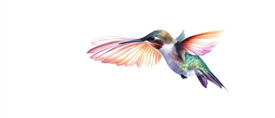 Obraz premium A vibrant hummingbird in mid-flight, showcasing its colorful feathers against a clean white background, symbolizing nature's beauty.