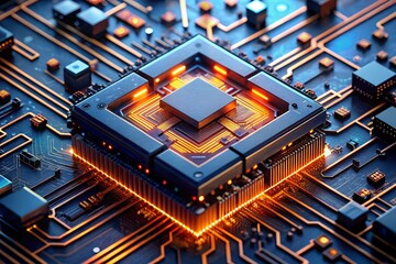 The Heart of Technology: A glowing, futuristic CPU sits at the center of a complex circuit board, a visual representation of the power and intricacy of modern technology.  