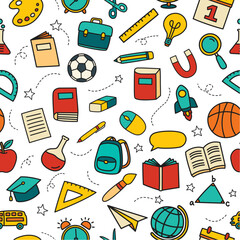 Back to school seamless pattern doodle style background. Education hand drawn objects and symbols icon.