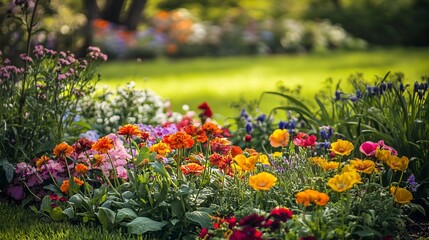 A garden bursting with colorful flowers in full bloom, showcasing natures beauty, Grandparents' picturesque garden in full bloom