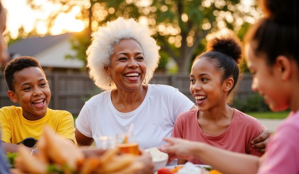 African American Grandmother Enjoying Lively Outdoor Family Gathering with Joyful Laughter