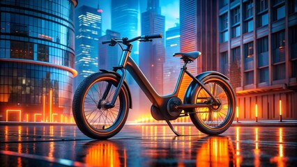 Electric Bike in Neon City: A sleek black e-bike gleams on a rain-slicked street, framed by the vibrant glow of a futuristic cityscape. 