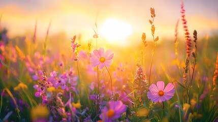 Naklejka premium Wildflowers in full bloom under a radiant sunset, featuring purple, pink, and yellow hues, evoking a sense of serenity and natural beauty.