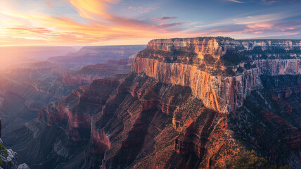 a majestic plateau mountain with flat tops and steep cliffs at sunset