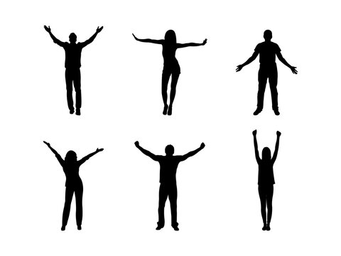 Set of Arms Raised Silhouette in various poses isolated on white background