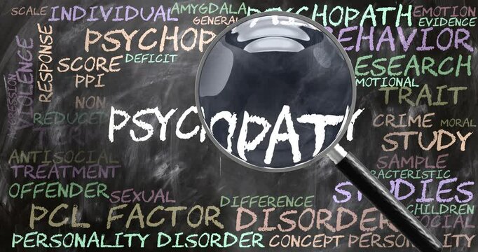 Psychopathy being studied, examined - under close inspection. Most important subjects and ideas closely related to psychopathy written on a blackboard inspected by a magnifying glass.