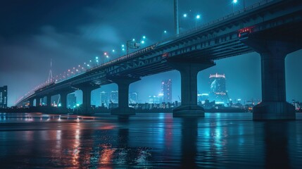 A bridge over a river with a city in the background
