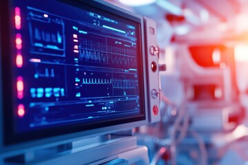 Advanced medical monitor displaying vital signs in a hospital setting with high-tech equipment and a glowing interface.