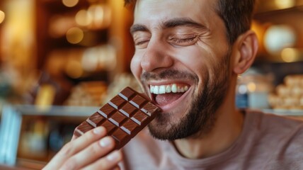 man taking a bite of a chocolate bar, showcasing the delicious texture of the chocolate and the enjoyment of the moment